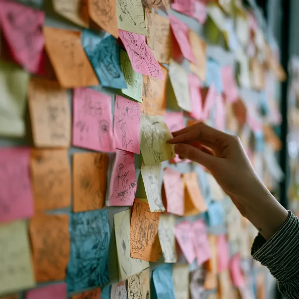 A wall of colourful sticky notes with student ideas