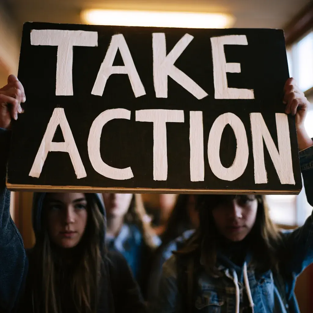 A student holding up a hand-painted Take Action sign