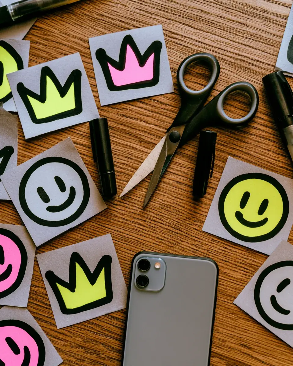 Sticker sheets and phone screens on a desk