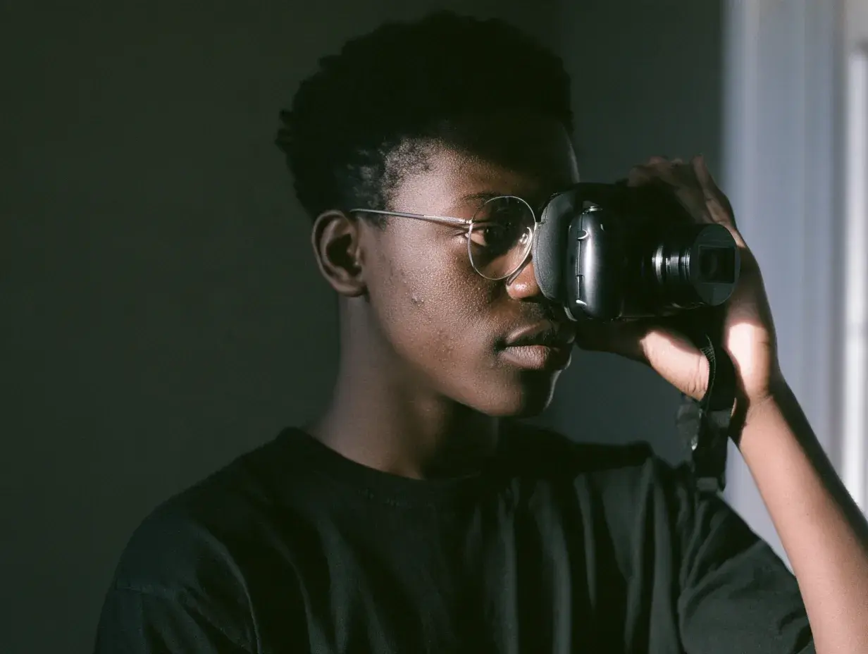 A student with glasses looks through the viewfinder of a video camera