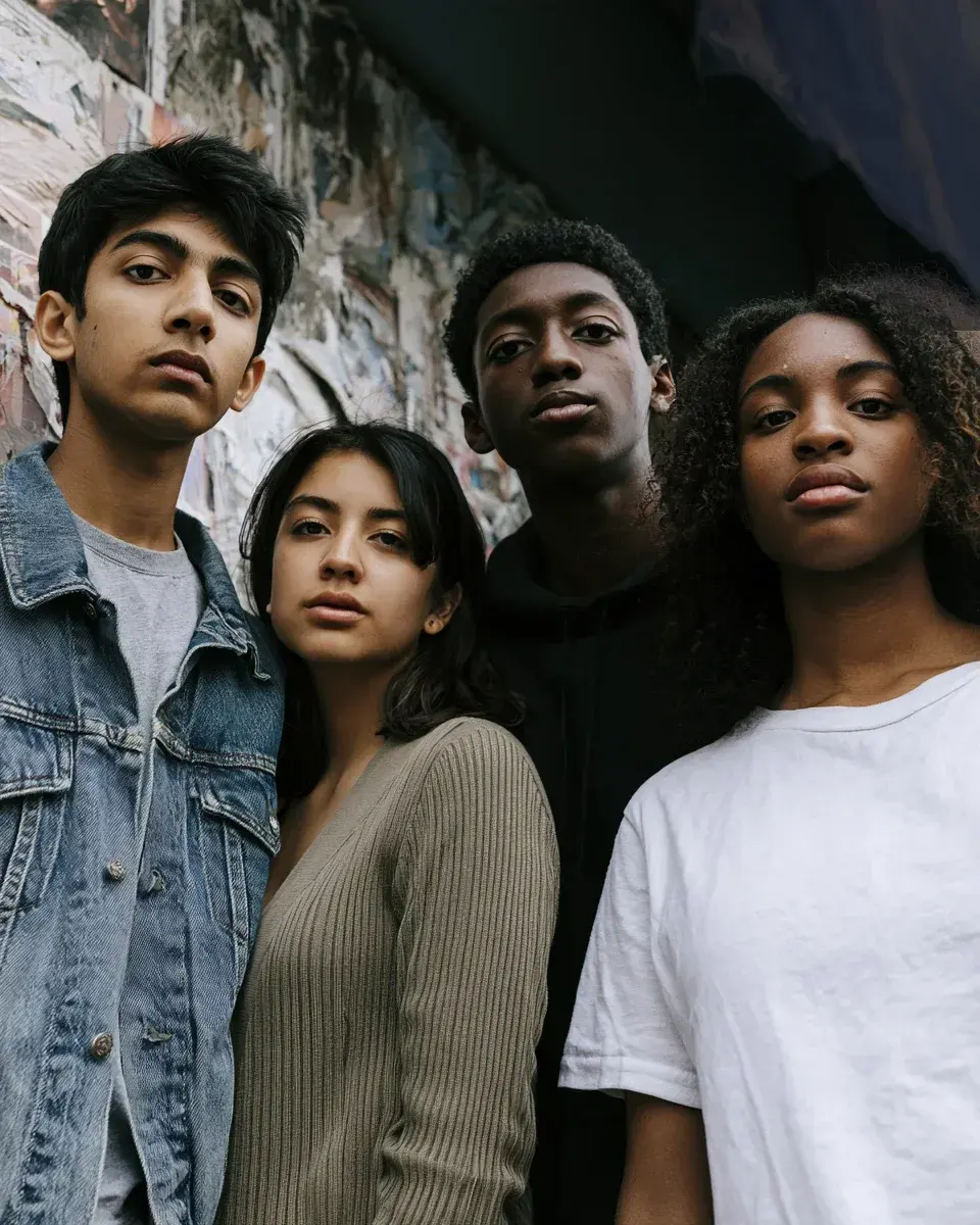A group of teens in hoodies in front of a poster wall